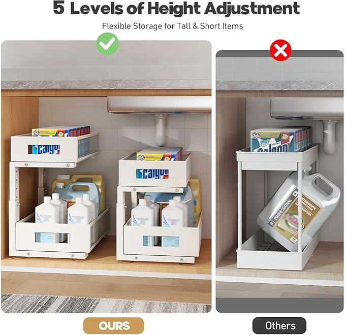 Under Sink Organizer, 2-Tier Dual Pull Out Cabinet Organizer Drawers With Smooth Circular Rail, Large Capacity Metal Mesh Sli
