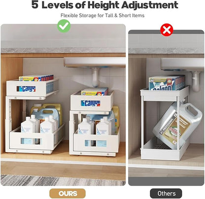 Under Sink Organizer, 2-Tier Dual Pull Out Cabinet Organizer Drawers With Smooth Circular Rail, Large Capacity Metal Mesh Sli