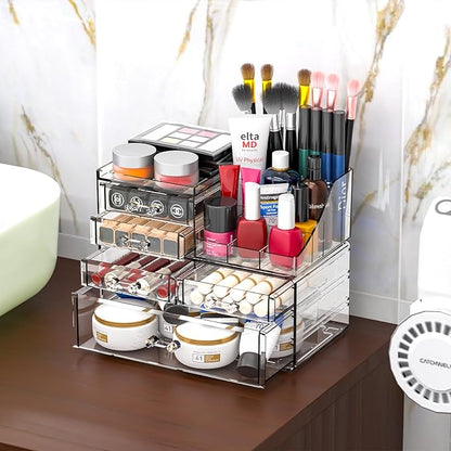 Cq acrylic Clear Make up Organizers for Vanity,Skincare Organizer With 5 Drawers for Dresser,Plastic Cute Desk Accessories Or