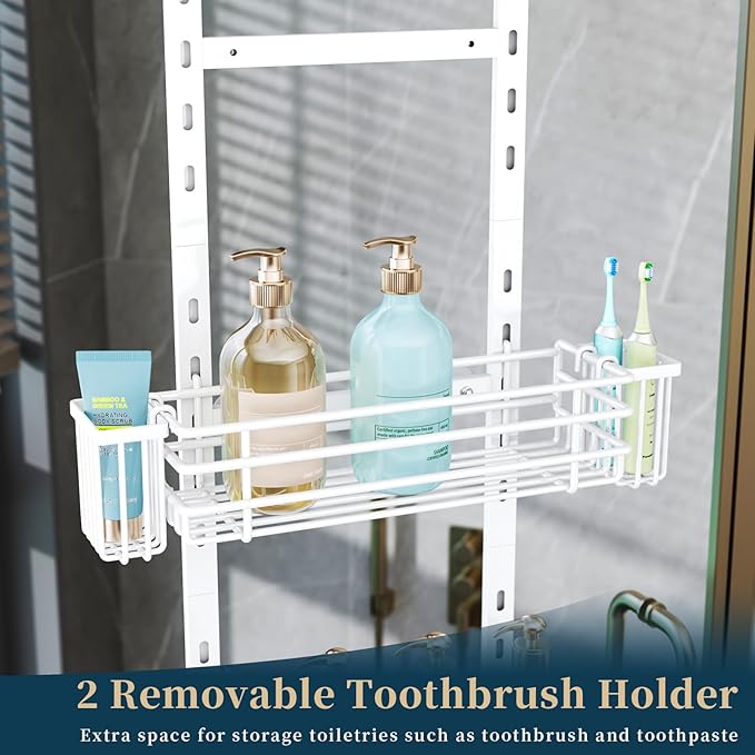 Consumest Over The Door Shower Caddy - 5 Tier Adjustable Shower Organizer Hanging with 2 Toothbrush Holders & 4 Hooks, Rustpr