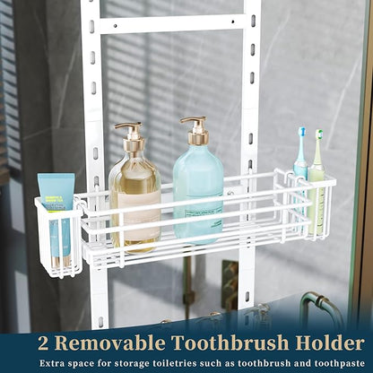 Consumest Over The Door Shower Caddy - 5 Tier Adjustable Shower Organizer Hanging with 2 Toothbrush Holders & 4 Hooks, Rustpr