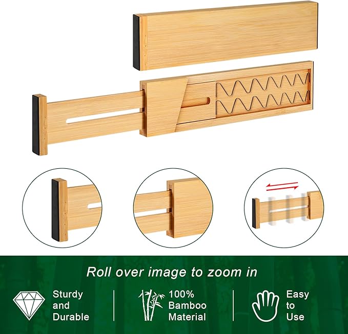 4 Pack Bamboo Drawer Dividers 2.6" High, Adjustable Length from 12 Inch to 17 Inch, Expandable Kitchen Drawer Organizer Separ