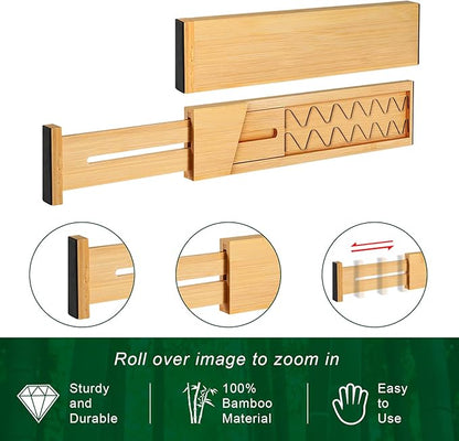 4 Pack Bamboo Drawer Dividers 2.6" High, Adjustable Length from 12 Inch to 17 Inch, Expandable Kitchen Drawer Organizer Separ