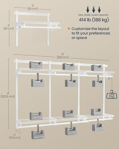 SONGMICS HOME Closet System, Closet Insert Organizer, 4-6 ft, Adjustable Metal Shelving Unit with 6 Hanging Rods, 6 Shelves, 