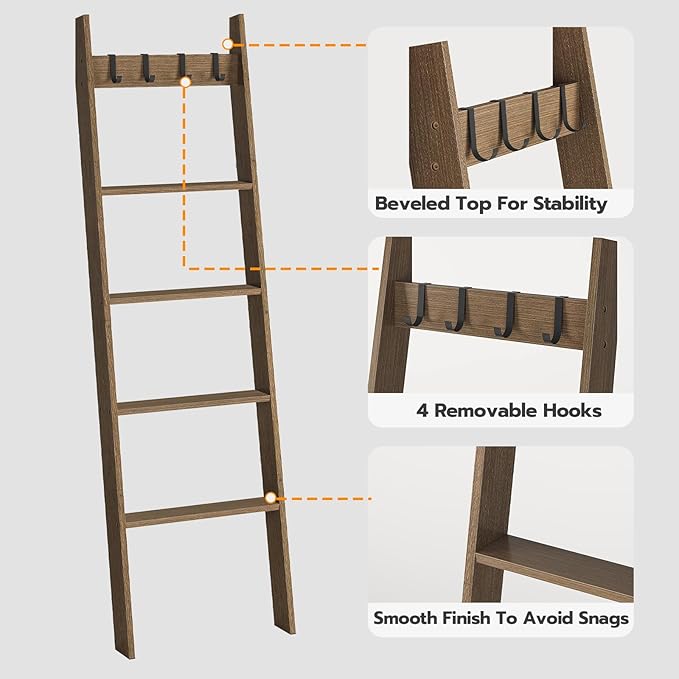 HOOBRO Blanket Ladder for Living Room and Bedroom, 5-Tier Wall Leaning Towel Rack for Bathroom, Decorative Ladder Shelf with 