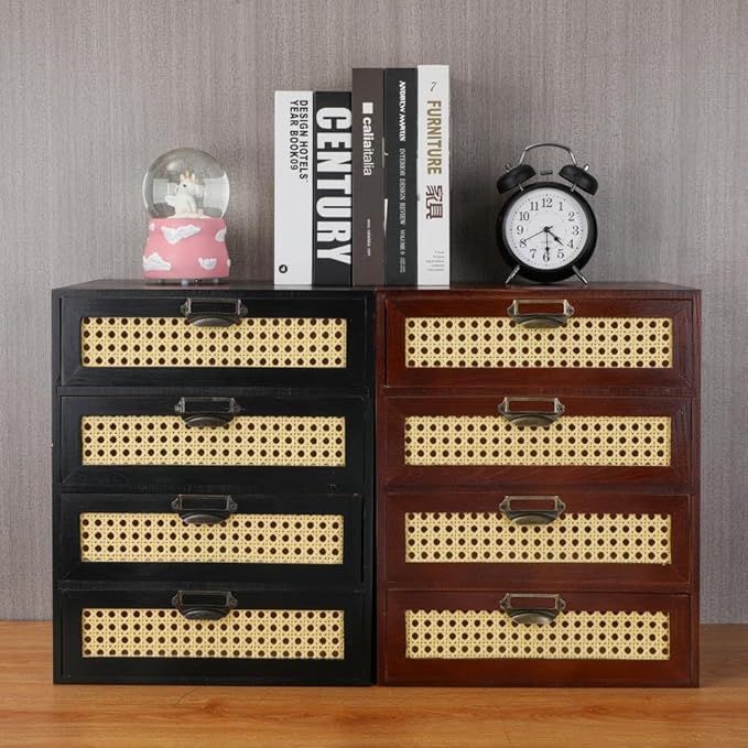 Large Wooden Storage Box with Drawers (Boho Apothecary Cabinet, Rattan Frame, Brown)