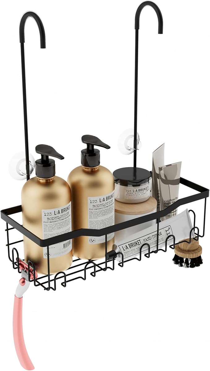 Slizy Hanging Shower Rack, Black Bathroom Storage Rack, Bathroom Door Organizer, Hanging Shower Basket, Shampoo Holder, No Dr