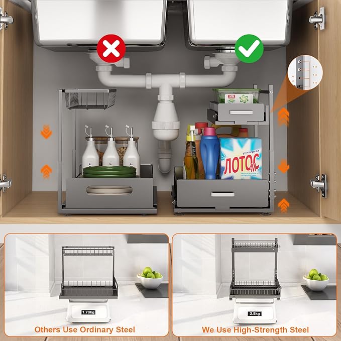 Under Sink Organizer,2 Tier Slide Out Kitchen Cabinet Organizers with Pulley,Under Bathroom Sink Pull Out Organizer with Mult