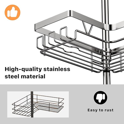 KEGII Corner Shower Caddy Tension Pole with Soap Dish & Razor Holder, Adjustable Bathroom Organizer with Hooks, 25-114.2 Inch