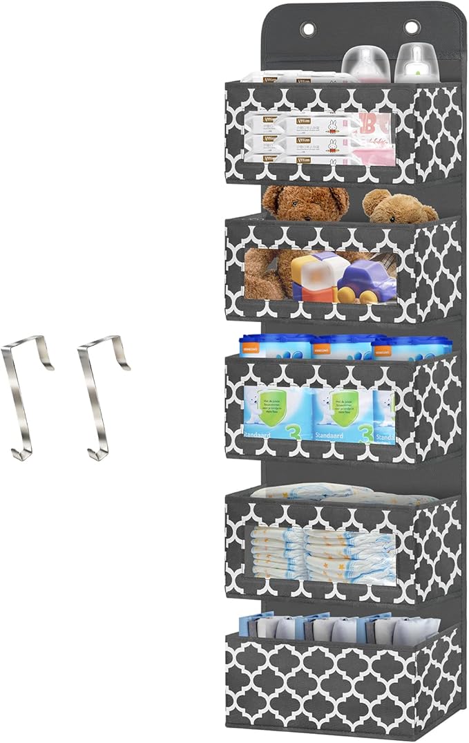 Over The Door Hanging Organizer with 5 Large Pockets - Wall Mount Pantry Storage with Clear PVC Window & 2 Big Metal Hooks fo