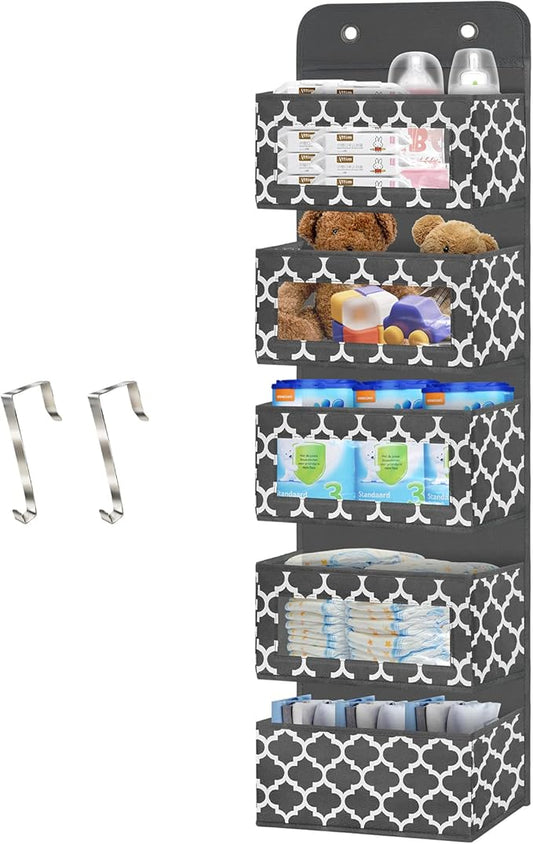 Over The Door Hanging Organizer with 5 Large Pockets - Wall Mount Pantry Storage with Clear PVC Window & 2 Big Metal Hooks fo