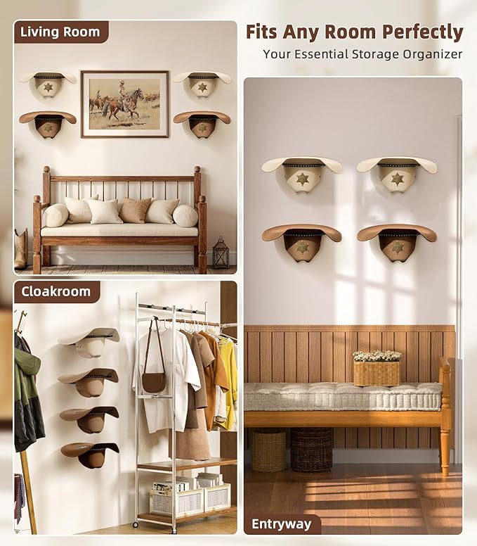 4 Pack Cowboy Hat Rack for Wall, Metal Cowboy Hat Holder Wall Mounted, Hat Hanger for Wide Brim, Fedora, Baseball Caps, Rusti