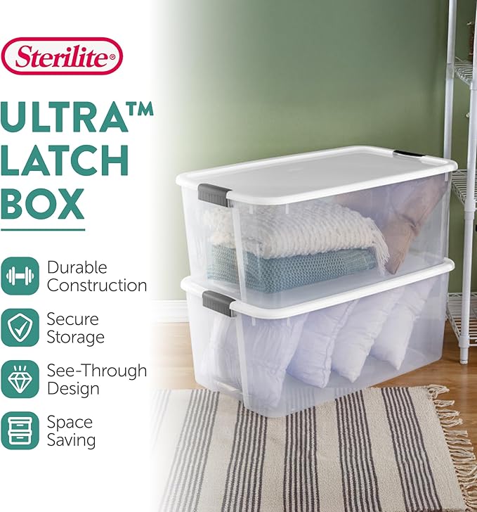 Sterilite 8-Pack Ultra Latching Box, Storage Bins with Lids, Clear Plastic, 116 Quart - Heavy-Duty Organizing Containers for 