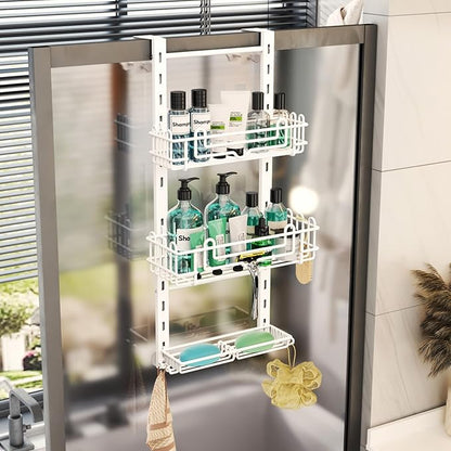 HapiRm 3 Tier Over the Door Shower Caddy, Hanging Shower Caddy with 16 Hooks and 2 Soap Holders, No Drilling Adjustable Hangi