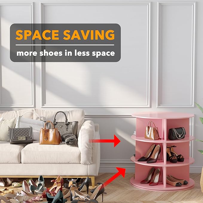 SpaceAid 3 Tier Rotating Shoe Rack Tower, Spinning Shoe Display Lazy Susan, Revolving 360 Shoe Rack Storage Round Carousel, V