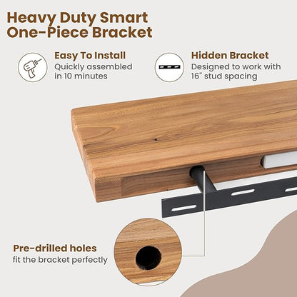 Floating Shelves for Wall, 24"Wx8"D Rustic Solid Elm Wood Floating Shelves Wall Mounted, Round Edge Wall Shelves with Invisib