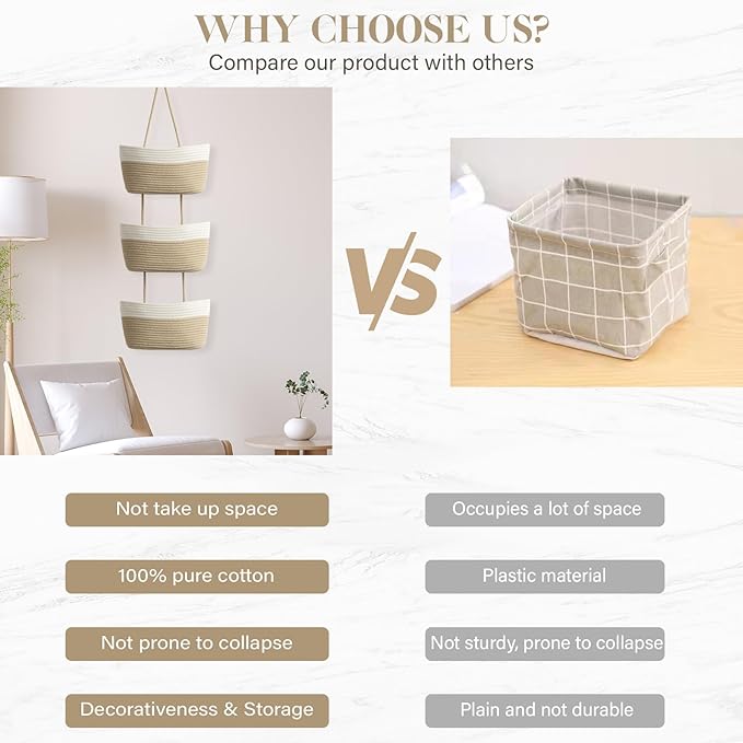 TeoKJ Over the Door Hanging Basket, 3-Tier Woven Cotton Wall-Mounted Storage Organizer Bag Decorative Hanging Nursery Baskets