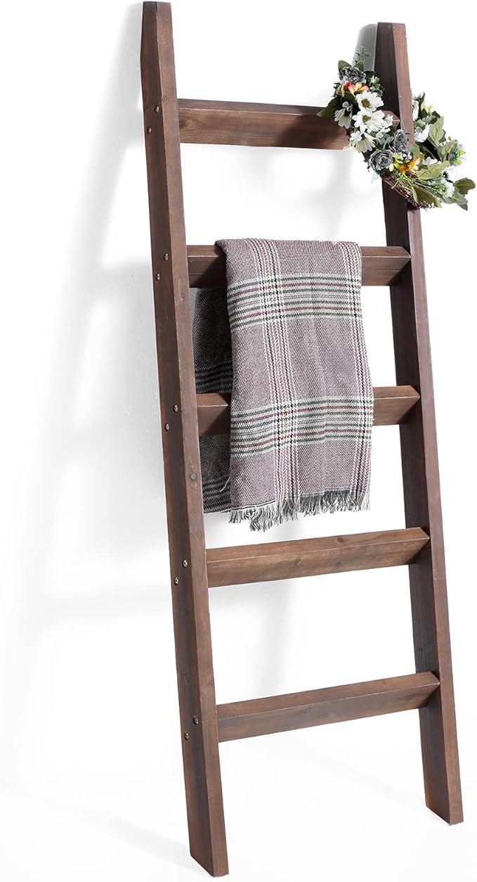 FUIN 5ft (58") Wood Blanket Ladder Living Room Decorative Wall Leaning Farmhouse Quilt Display Holder Rustic Wooden Towel Rac