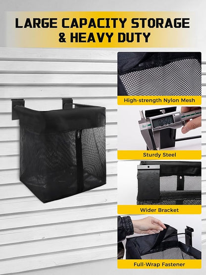 AZUNO 14 PCS Slatwall Accessories Kit - 2 Pack Large Mesh Slatwall Baskets with Front Zipper & 12 Pack Heavy Duty Slat Wall H