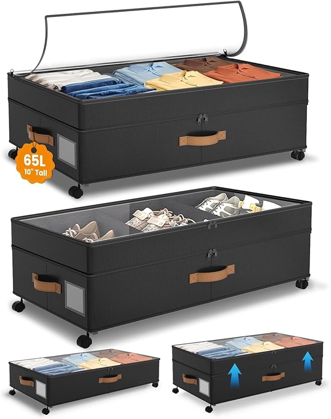 Under Bed Storage with Wheels, 72L XXL Under the Bed Storage Containers Large, 10‘’ Tall Adjustable Storage for Underbed with