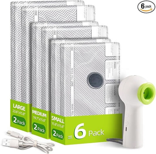 Travel Vacuum Bags with Rechargeable USB Pump, 6 Pack Carry-On Size Vacuum Travel Bags for Luggage & Suitcase, Vacuum Bags fo
