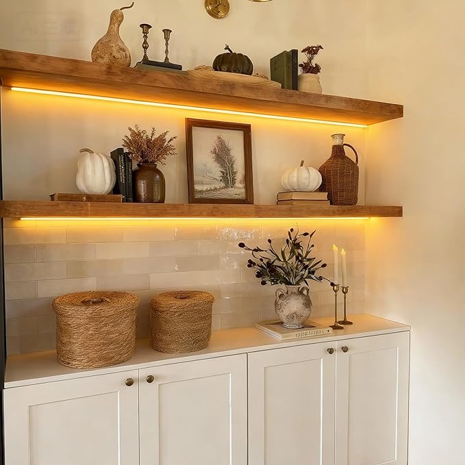 ROGMARS 36 Inches Long Walnut Floating Shelves with Led Light,Rustic Solid Wood Farmhouse Wall Shelves with Invisible Bracket