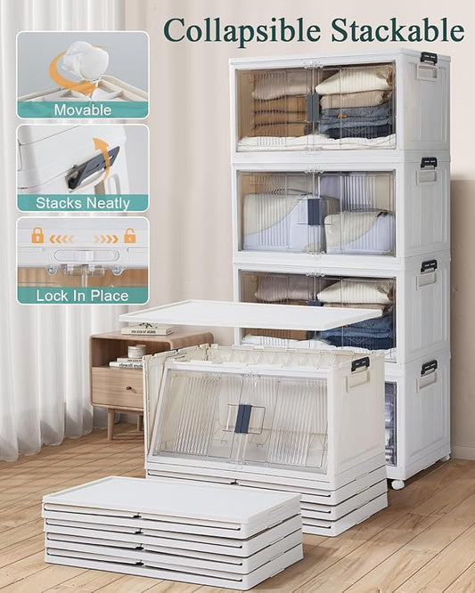 OlarHike 97QT Stackable Storage Bins with Lids - Folding Storage Box with Doors and Wheels, Collapsible Plastic Storage Drawe