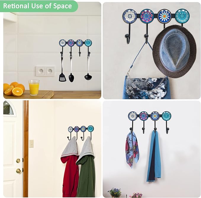 Coat Rack Wall Mounted with 4 Hooks, Round Blue Pattern Decorative Wall Hooks for Hanging Hat, Key, Towel, Purse, Bag and Rob