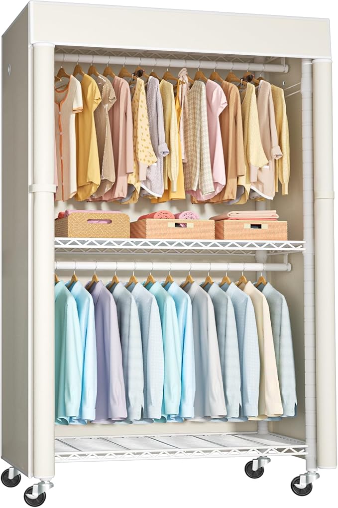 FUTASSI White Clothing Rack with Beige Cover, P1C Rolling Closets with Wheels, Metal Garment Rack for Hanging Clothes, Clothi