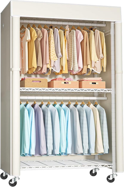FUTASSI White Clothing Rack with Beige Cover, P1C Rolling Closets with Wheels, Metal Garment Rack for Hanging Clothes, Clothi