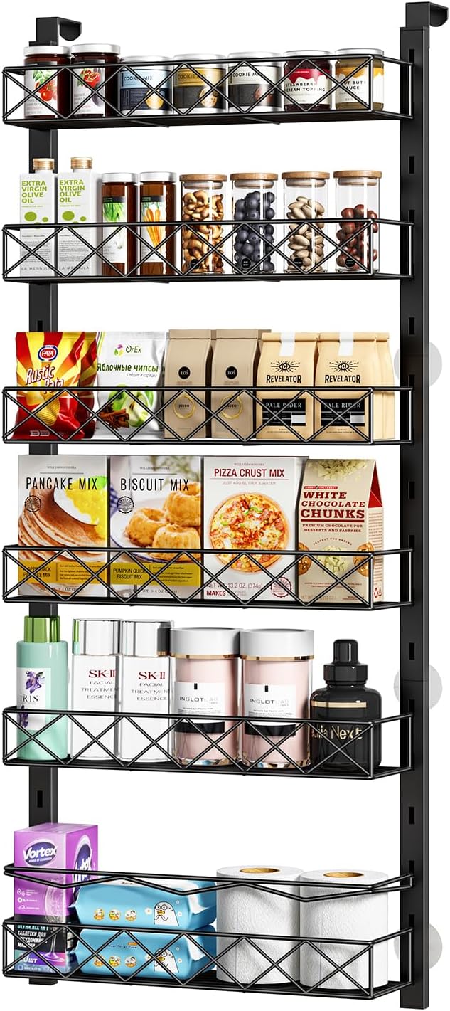 MIAOLI Over the Door Organizer, Black 6-Tier Pantry Door Organizer with Adjustable Basket, Hanging Spice Rack Cabinet Door Sh