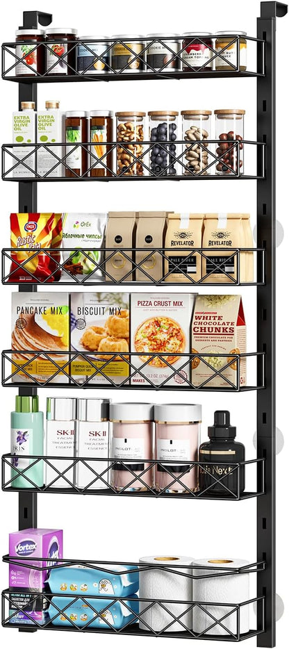 MIAOLI Over the Door Organizer, Black 6-Tier Pantry Door Organizer with Adjustable Basket, Hanging Spice Rack Cabinet Door Sh