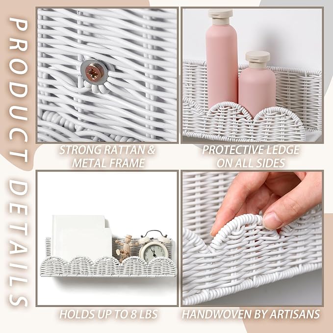 Pinkunn 4 Pcs Nursery Book Shelves 15.8 Inch Rattan Scalloped Floating Bookshelves Wicker Boho Book Shelf for Wall Mounted De