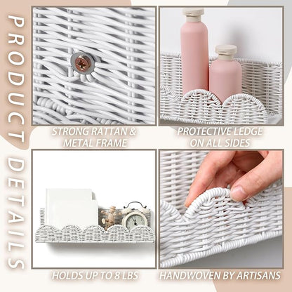Pinkunn 4 Pcs Nursery Book Shelves 15.8 Inch Rattan Scalloped Floating Bookshelves Wicker Boho Book Shelf for Wall Mounted De