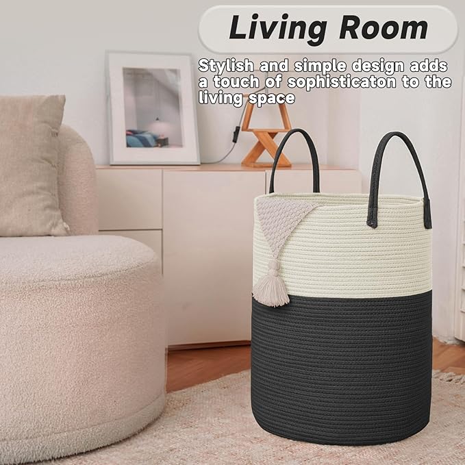 JMvicyroam Large Woven Laundry Basket Hamper,60L Cotton Rope Storage Bin for Blankets,Toys and Clothes,Decorative Tall Nurser