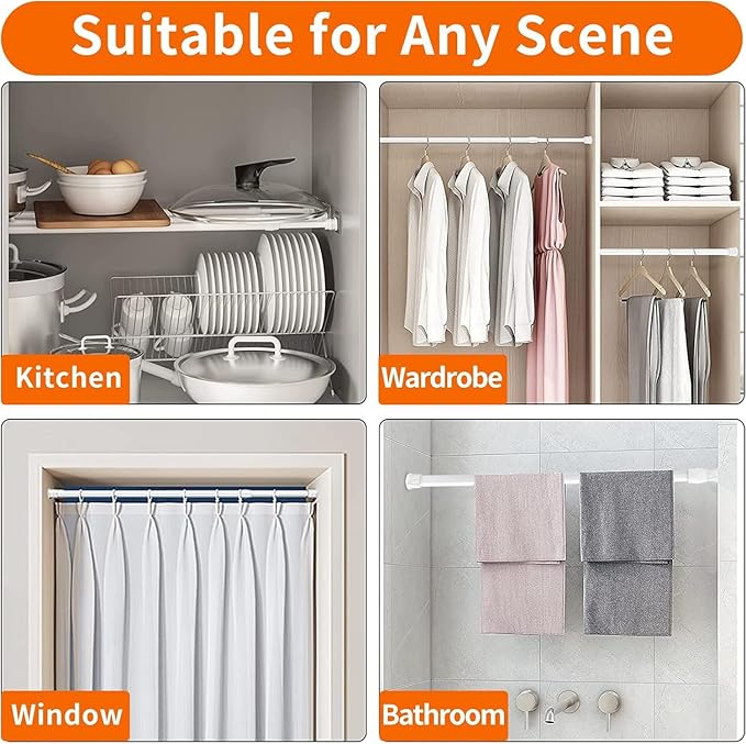 2Pcs Spring Tension Curtain Rod，21-38 Inches Adjustable Expandable Pressure White Curtain Tension Rods For Kitchen, Bathroom,