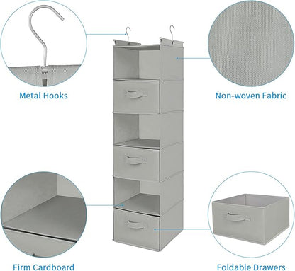 MAX Houser 6 Tier Shelf Hanging Closet Organizer, Closet Hanging Shelf with 2 Sturdy Hooks for Storage, Foldable (Light Grey-
