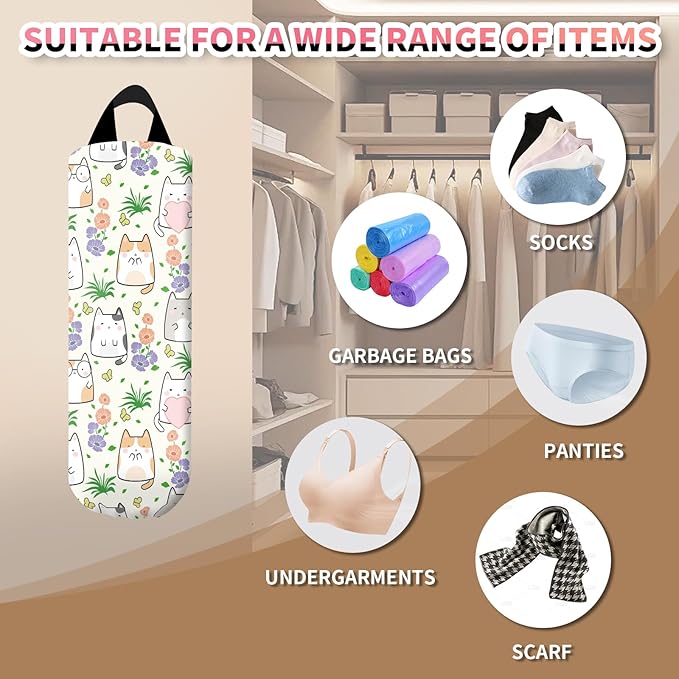 Plastic Bag Holder, Wall Mount Plastic Bag Organizer Dispenser, Reusable Grocery Bag Holder, Trash Bag Organizer for Home Kitchen Cute Cats