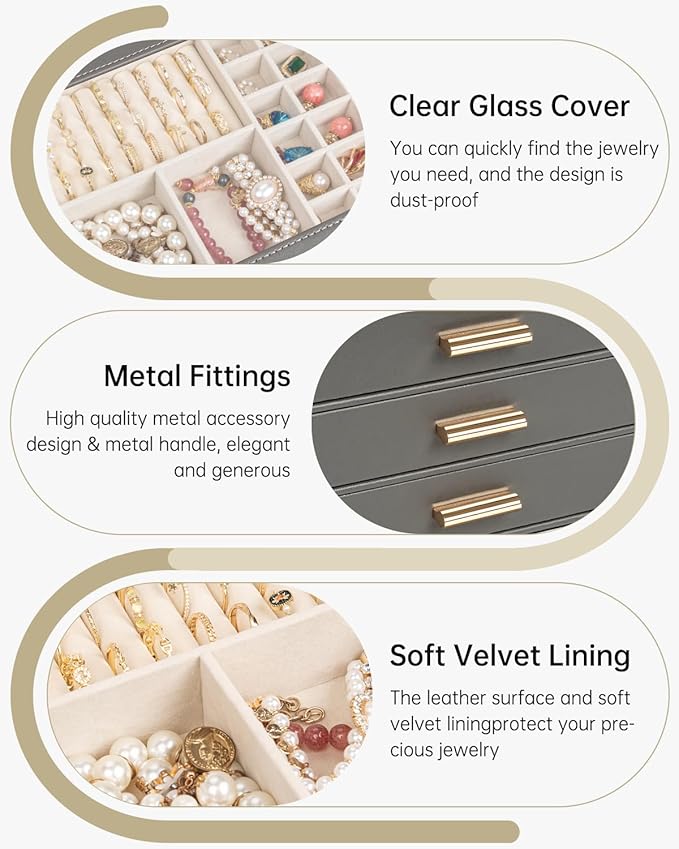 AKOZLIN Jewelry Box with Clear Lid Functional Leather Jewelry Storage Organizer Case 4 Drawers for Women Girls Necklace Ring 
