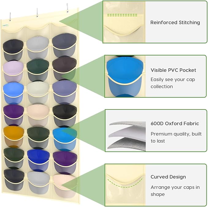 Unjumbly Baseball Hat Rack, 24 Pocket Over-The-Door Hat Organizer with Clear Deep Pockets to Display Baseball Caps Collection
