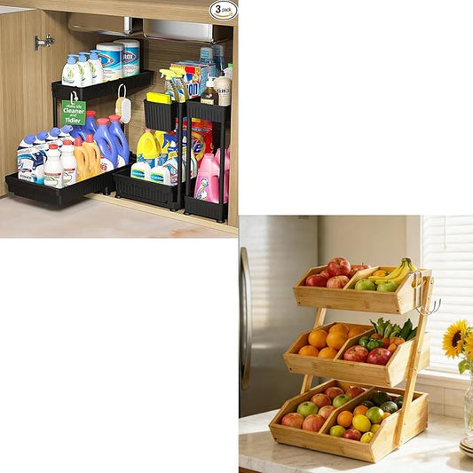 3 Tier Wooden Fruit Basket with 2 Mobile Banana Holders, 3 Pack L-Shaped Pull Out Under Sink Organizers