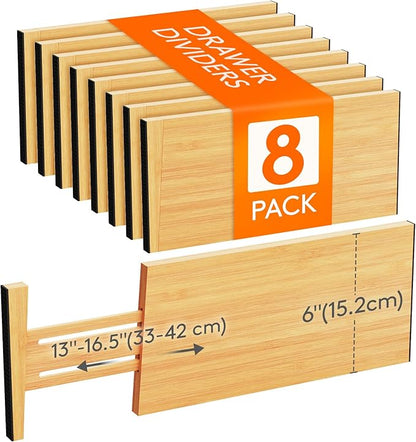 Lifewit 6" High 8 Pack Bamboo Drawer Dividers 33-42cm/13-16.5" Adjustable Wooden Drawer Organizer for Clothes/Utensils, Expan