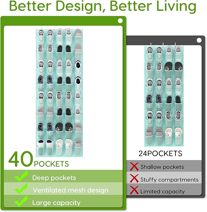 Unjumbly Over the Door Shoe Organizer with 40 Large Breathable Mesh Pockets, Space Saving Shoe Holder, Hanging Shoe Rack for 