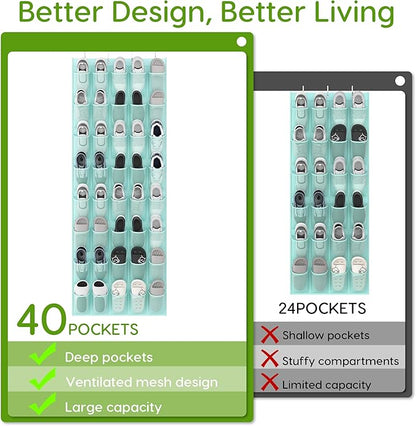 Unjumbly Over the Door Shoe Organizer with 40 Large Breathable Mesh Pockets, Space Saving Shoe Holder, Hanging Shoe Rack for 
