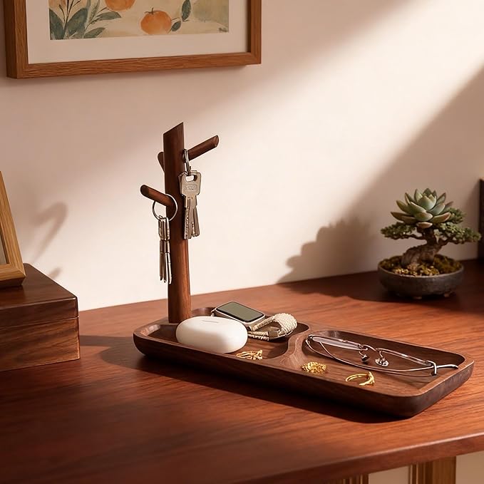Solid Black Walnut Wooden Key Tray, Multi-Functional Key Bowl for Entryway Table, Key Holder Stand equipped with 3 Hooks, Woo