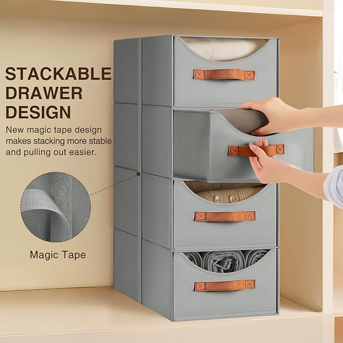 Homsorout Stackable Storage Drawers - Large Collapsible Storage Bins with Drawers, 8 Pack Closet Shelf Organizer Basket, Fabr