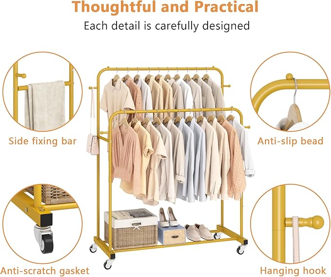 Laiensia Double Rods Garment Rack with Wheels, Clothing Rack for Hanging Clothes,4 Hooks, Multi-functional Bedroom Clothes Ra