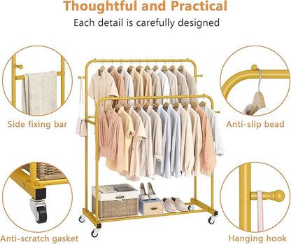 Laiensia Double Rods Garment Rack with Wheels, Clothing Rack for Hanging Clothes,4 Hooks, Multi-functional Bedroom Clothes Ra