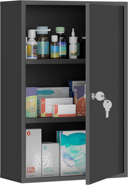 kleankin Steel Wall Mount Medicine Cabinet 3 Tier Emergency Box for Bathroom Kitchen, Lockable with 2 Keys, Black