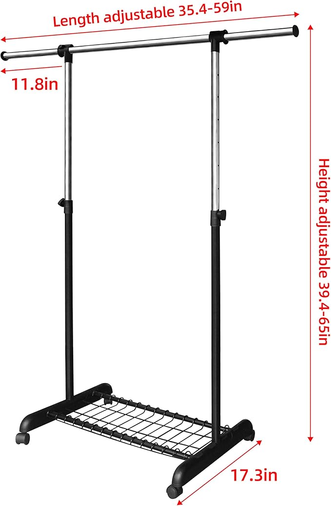 LiaMeE Adjustable Clothing Rack for Hanging Clothes, Heavy Duty Garment Rack with Wheels，Free Standing Rolling Clothes Rack w